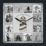 Nautical Lighthouse Rustic Wood Black White Foton Fyrkantig Klocka<br><div class="desc">Den här nautiska fyren har en vätt grått-träbakgrund med plats för 12 foton, allt i svartvitt! Klicka på anpassningsknappen om du vill ha mer flexibilitet när du ändrar/lägger till text och utformar inslag! Det finns både variationer i denna design och samordnade produkter i vår butik, zazzle.com/store/doodlelulu. Kontakta oss om du...</div>
