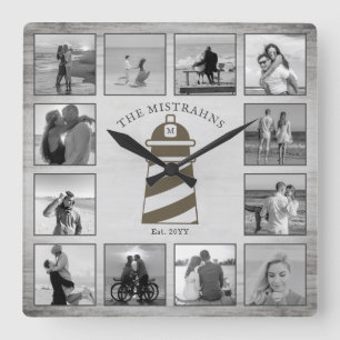 Nautical Lighthouse Rustic Wood Black White Foton Fyrkantig Klocka