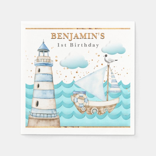 Nautical Lighthouse Sailboat Birthday Napkins Pappersservett (Framsidan)