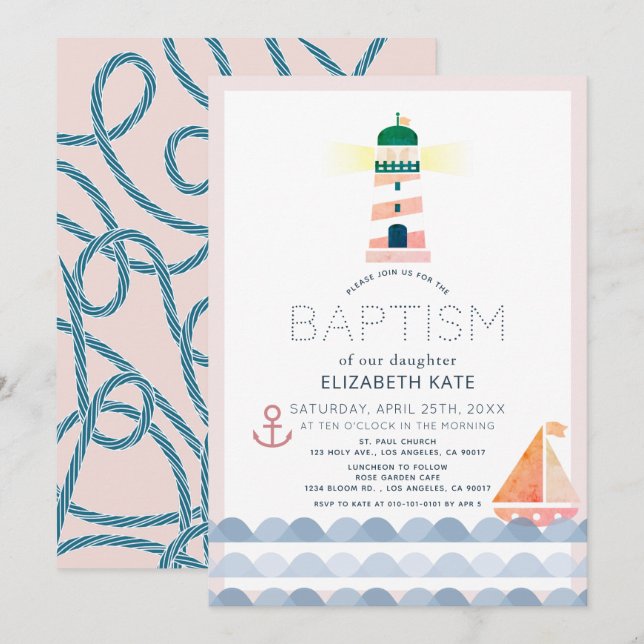 Nautical Lighthouse Sailboat Rosa Girl Girl Girl B Inbjudningar (Fram/baksida)