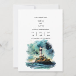 Nautical Lighthouse Starry Måne Night Himlar Bröll Inbjudningar