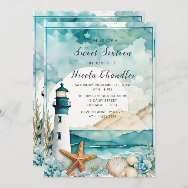 Nautical Lighthouse Sweet sixteen Birthday Inbjudningar (Fram/baksida)