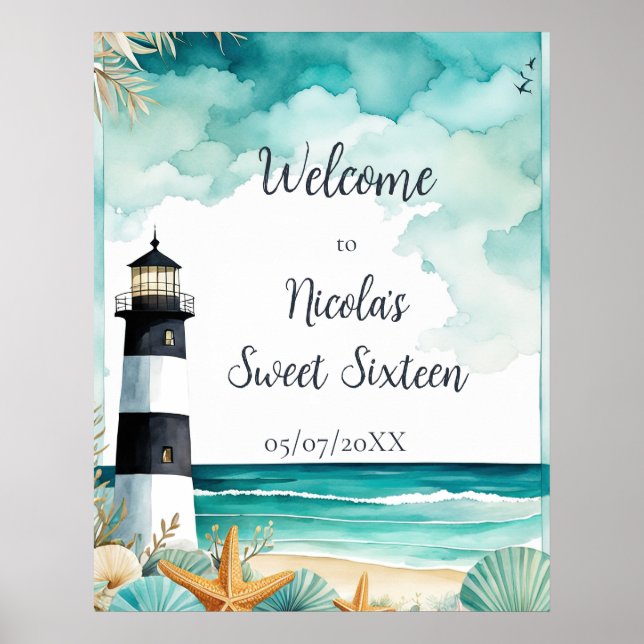 Nautical Lighthouse Sweet sixteen Birthday Poster (Framsidan)