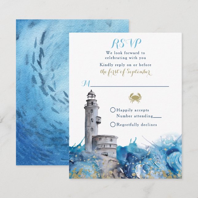 Nautical Lighthouse Vinkarare Bröllop OSA Card Inbjudningar (Fram/baksida)