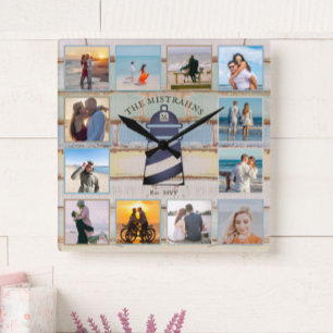 Nautical Lighthouse Vintage Wood 12-Photo Collage Fyrkantig Klocka