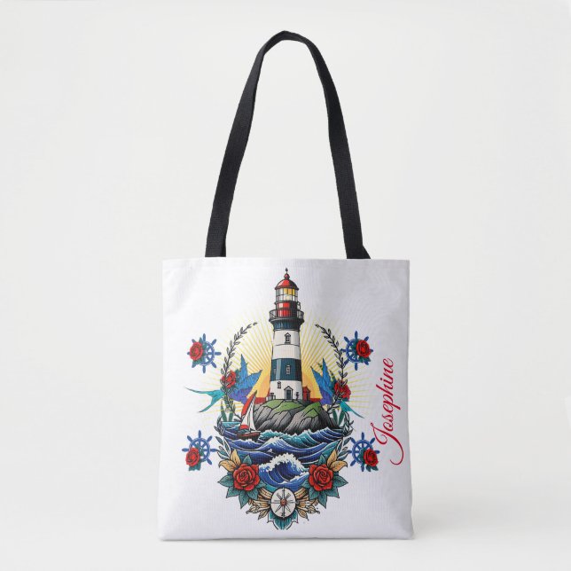 Nautical Lighthouse White Blommigt Red Blue Tygkasse (Framsida)