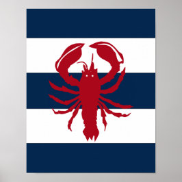 Nautical Lobster print red, navy and white Poster