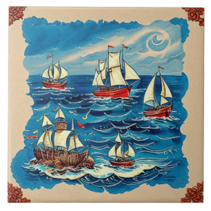 Nautical Marine Life Traditional ceramic art. 2 Kakelplatta