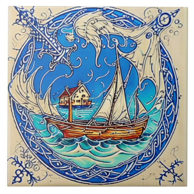 Nautical Marine Life Traditional ceramic art. 6 Kakelplatta (Framsidan)