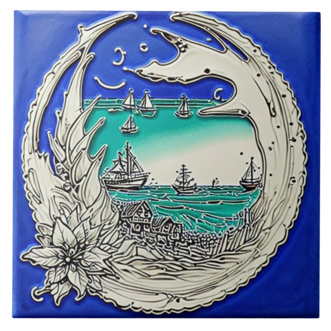 Nautical Marine Life Traditional ceramic art no 10 Kakelplatta (Framsidan)