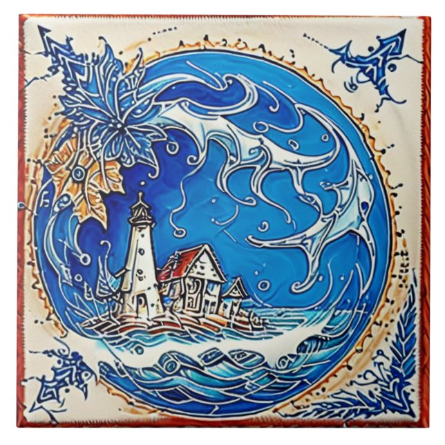 Nautical Marine Life Traditional ceramic art no 14 Kakelplatta (Framsidan)