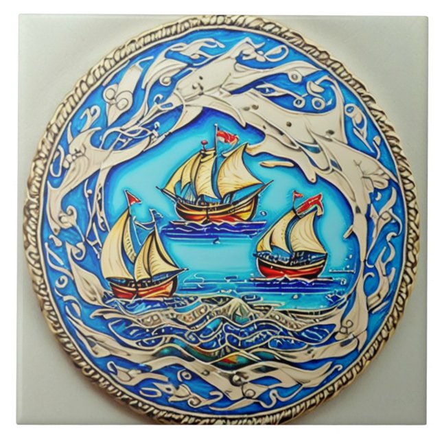 Nautical Marine Life Traditional ceramic art no 1 Kakelplatta (Framsidan)