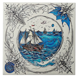 Nautical Marine Life Traditional ceramic art no 3 Kakelplatta
