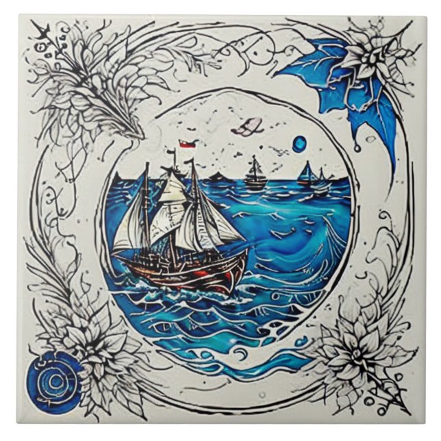 Nautical Marine Life Traditional ceramic art no 3 Kakelplatta (Framsidan)