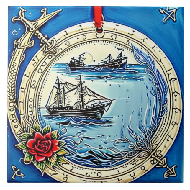 Nautical Marine Life Traditional ceramic art no 5 Kakelplatta (Framsidan)