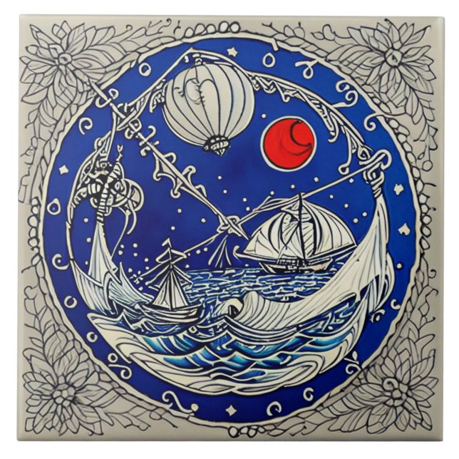 Nautical Marine Life Traditional ceramic art nr 7 Kakelplatta (Framsidan)