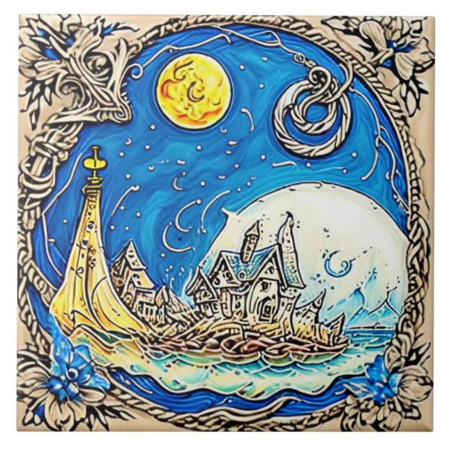 Nautical Marine Life Traditional ceramic art nr 8 Kakelplatta (Framsidan)