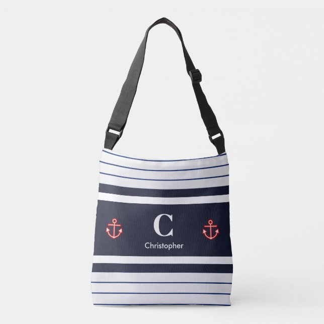 Nautical Marine Navy Blue White Rand Axelväska (Framsida)