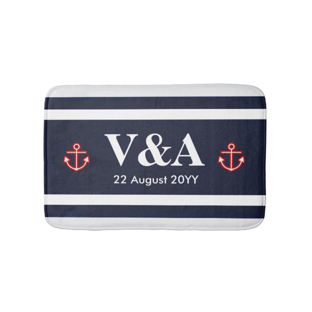 Nautical Marine Navy Blue White Rand Badrumsmatta (Framsidan)