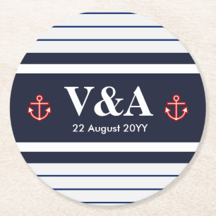 Nautical Marine Navy Blue White Rand Underlägg Papper Rund