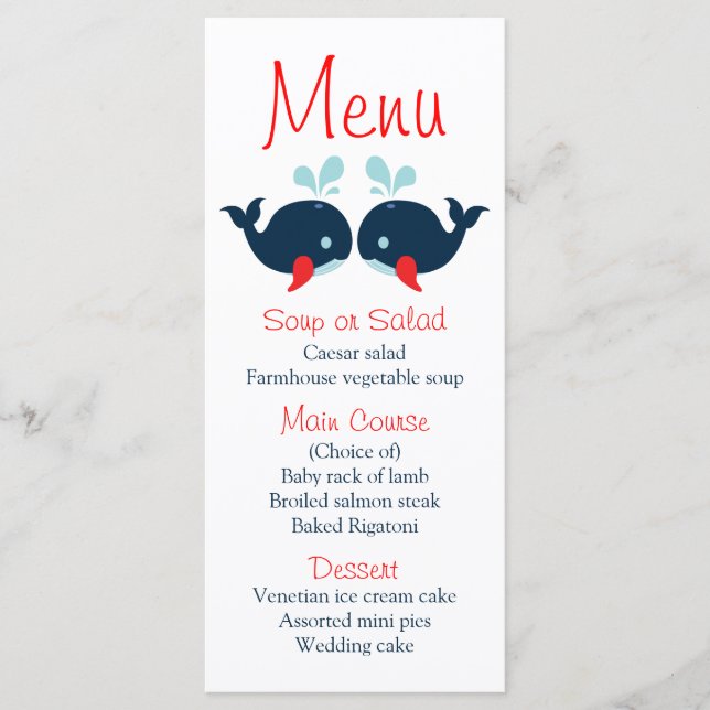 Nautical Menu Navy Blue Red Whales Beach Wedding Meny (Framsida)