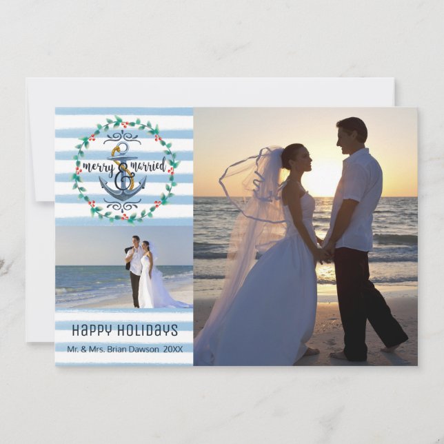 Nautical Merry & Married, Blå Ränder, Två Bilder Julkort (Framsida)