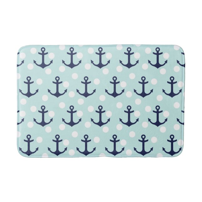 Nautical Mint Polka dots och Navy Blue Anchors Badrumsmatta (Framsidan)