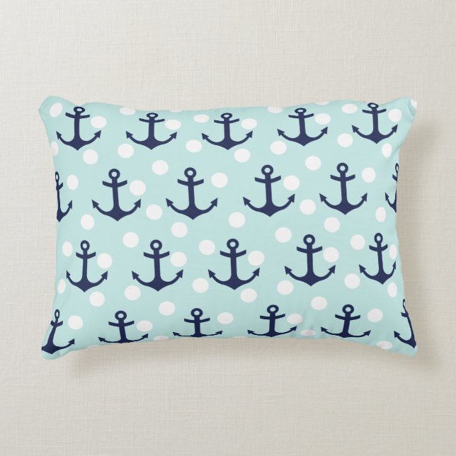 Nautical Mint Polka dots och Navy Blue Anchors Prydnadskudde (Framsidan)