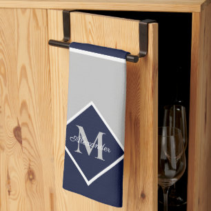 Nautical Modern Navy Blue Grått Monogram Kitchen Kökshandduk