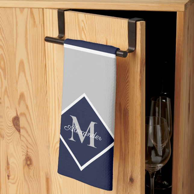 Nautical Modern Navy Blue Grått Monogram Kitchen Kökshandduk (Thirds Fold)