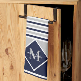 Nautical Modern Navy Blue Grått Monogram Kitchen Kökshandduk