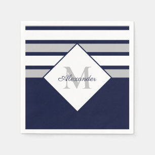 Nautical Modern Navy Blue Grått Rand Monogram Pappersservett
