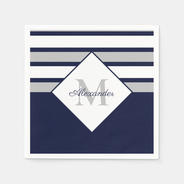 Nautical Modern Navy Blue Grått Rand Monogram Pappersservett (Framsidan)