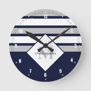 Nautical Modern Navy Blue Grått Rand Monogram Rund Klocka