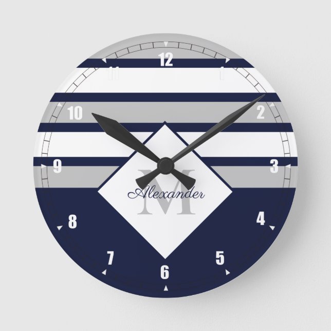 Nautical Modern Navy Blue Grått Rand Monogram Rund Klocka (Framsida)
