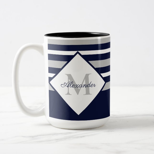 Nautical Modern Navy Blue Grått Rand Monogram Två-Tonad Mugg (Vänster)