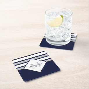Nautical Modern Navy Blue Grått Rand Monogram Underlägg Papper Kvadrat