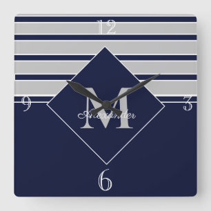 Nautical Modern Navy Grått monogramMonogrammed Red Fyrkantig Klocka