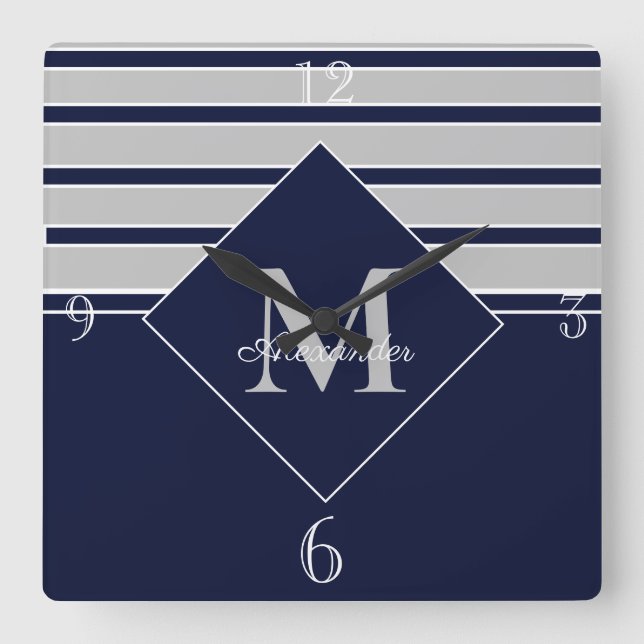 Nautical Modern Navy Grått monogramMonogrammed Red Fyrkantig Klocka (Framsida)
