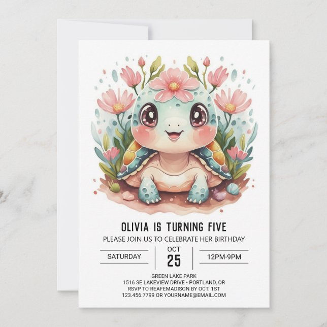 Nautical Modern Turtle Girl Birthday Inbjudningar (Framsida)