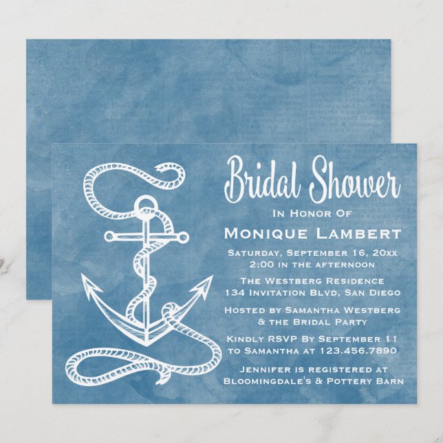 Nautical Möhippa Frakt Anchor Blue Watercolor Inbjudningar (Fram/baksida)