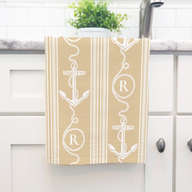 Nautical Monogram Anchor med Rope Sand Färg Kökshandduk (Skapare uppladdad)