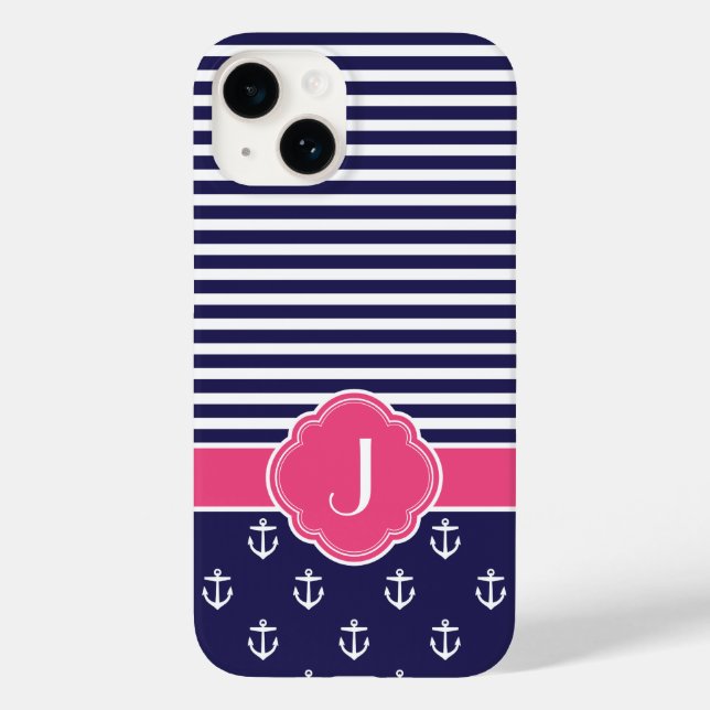 Nautical Monogram för marinblått och Rosa Preppy (Baksida)
