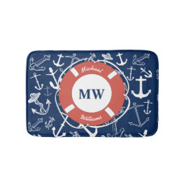 Nautical Monogram Navy Blue Anchor Mönster Badrumsmatta