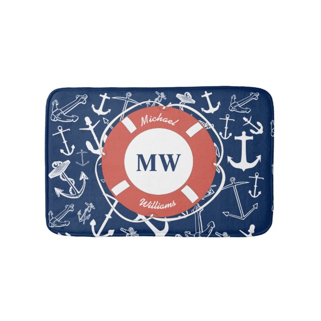 Nautical Monogram Navy Blue Anchor Mönster Badrumsmatta (Framsidan)