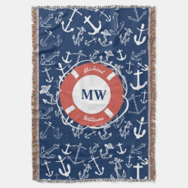 Nautical Monogram Navy Blue Anchor Mönster Filt