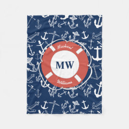 Nautical Monogram Navy Blue Anchor Mönster Fleecefilt