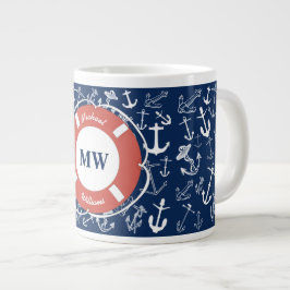 Nautical Monogram Navy Blue Anchor Mönster Jumbo Mugg