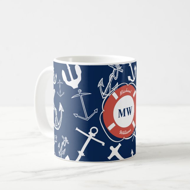 Nautical Monogram Navy Blue Anchor Mönster Kaffemugg (Framsida vänster)