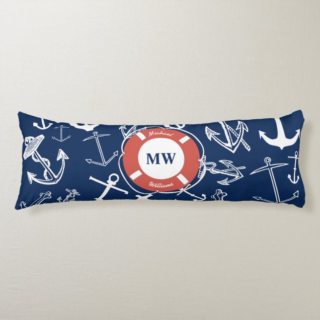 Nautical Monogram Navy Blue Anchor Mönster Kroppskudde (Framsidan)